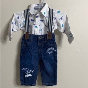 Button down Long Sleeve Onesie w/Jeans & Suspender